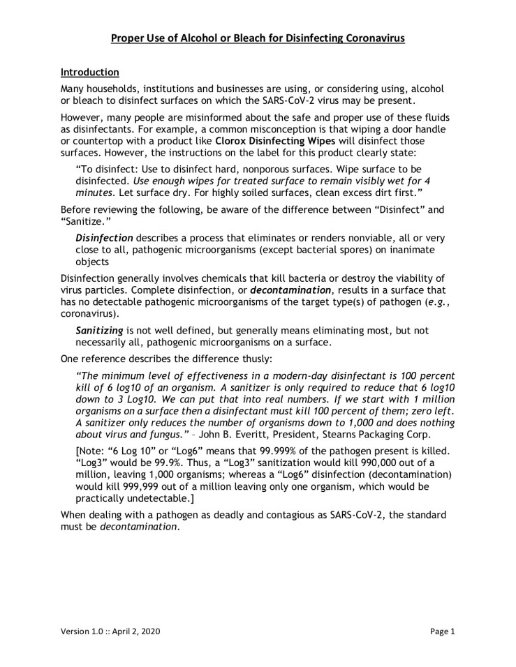 Proper useof alcohol or bleach for disinfecting coronavirus1