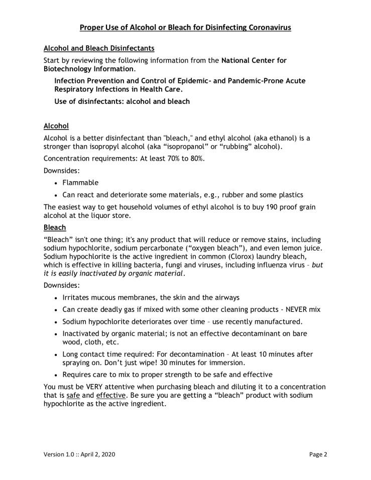 Proper useof alcohol or bleach for disinfecting coronavirus2